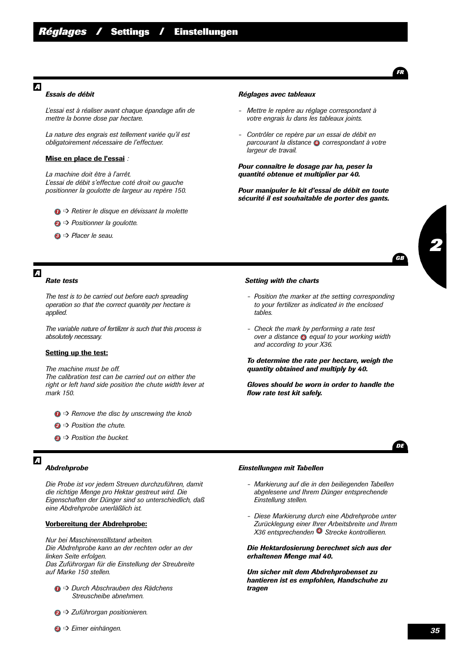 Réglages, Settings, Einstellungen | Sulky X 36 User Manual | Page 37 / 97