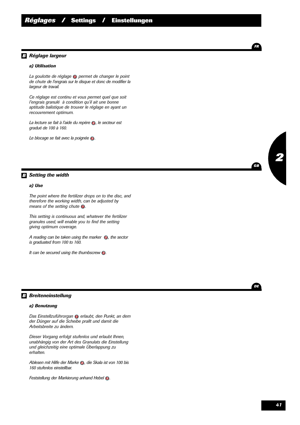 Réglages, Settings, Einstellungen | Sulky X 36 User Manual | Page 43 / 97