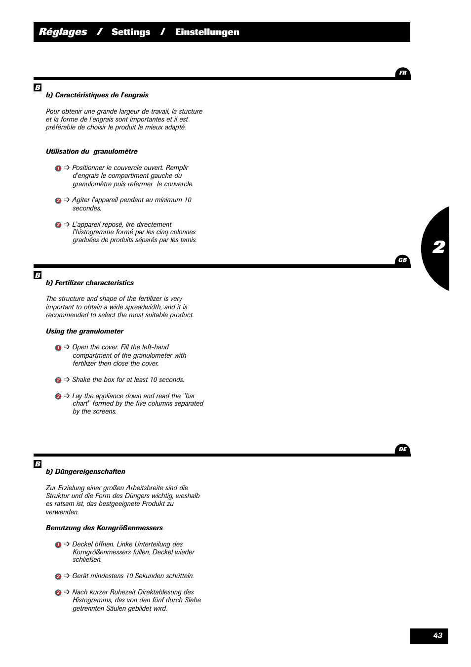 Réglages, Settings, Einstellungen | Sulky X 36 User Manual | Page 45 / 97