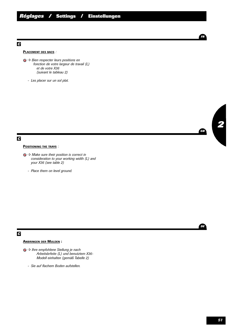 Réglages, Settings, Einstellungen | Sulky X 36 User Manual | Page 53 / 97