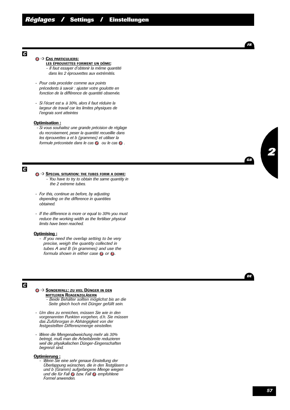 Réglages, Settings, Einstellungen | Sulky X 36 User Manual | Page 59 / 97