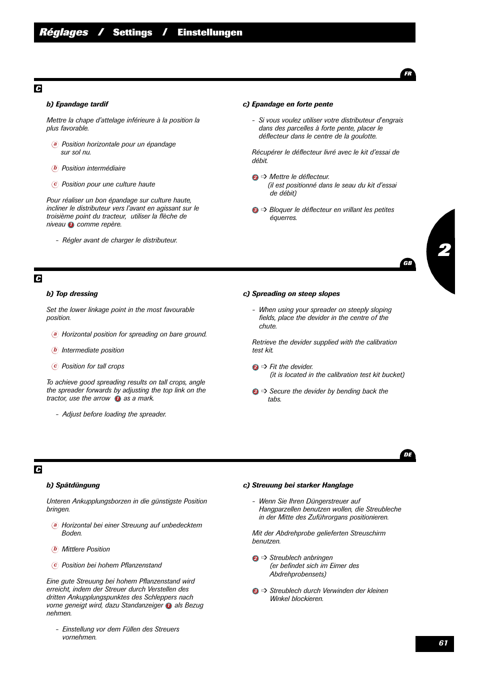 Réglages, Settings, Einstellungen | Sulky X 36 User Manual | Page 63 / 97