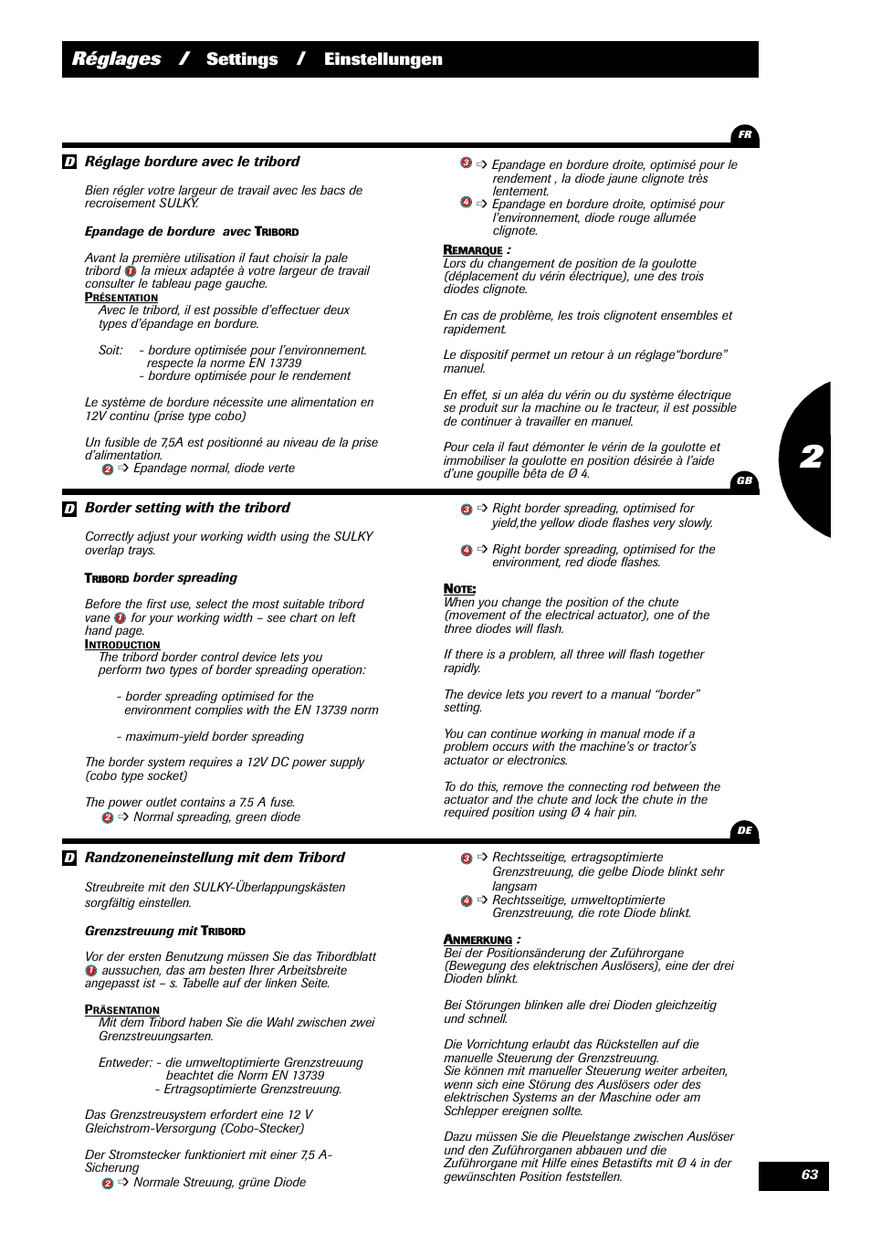 Réglages, Settings, Einstellungen | Sulky X 36 User Manual | Page 65 / 97