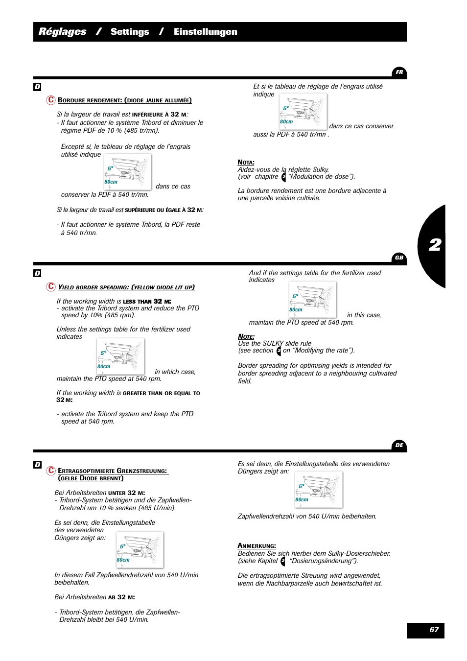 Réglages, Settings, Einstellungen 1 | Sulky X 36 User Manual | Page 69 / 97