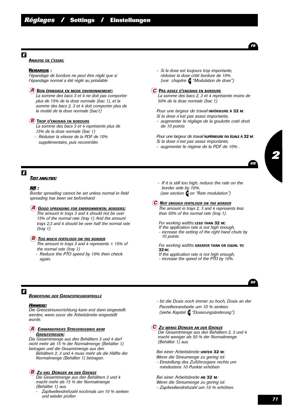 Réglages, Settings, Einstellungen | Sulky X 36 User Manual | Page 73 / 97