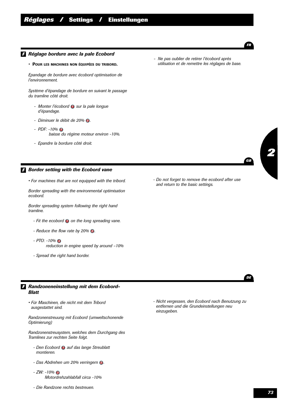 Réglages, Settings, Einstellungen | Sulky X 36 User Manual | Page 75 / 97