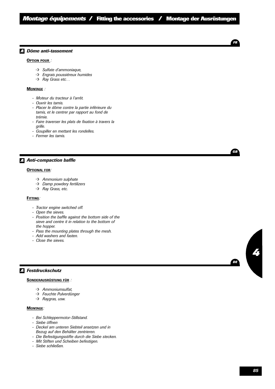 Montage équipements, Fitting the accessories, Montage der ausrüstungen | Sulky X 36 User Manual | Page 87 / 97