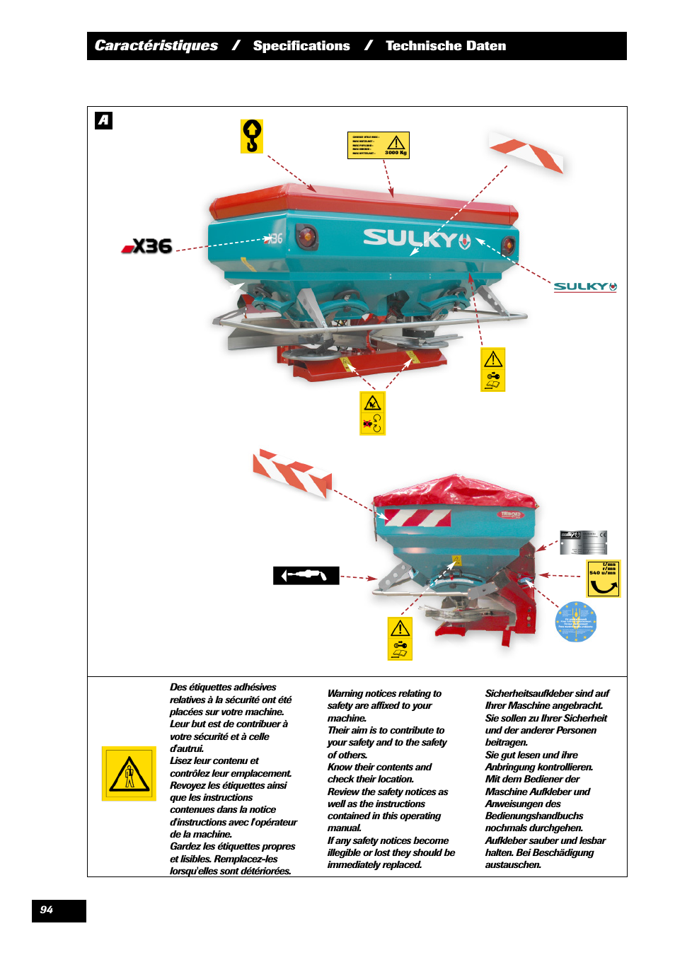 Caractéristiques, Specifications, Technische daten | Sulky X 36 User Manual | Page 96 / 97