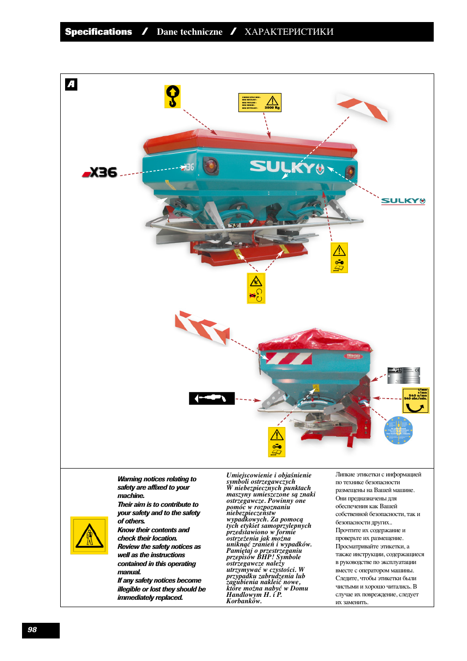 Specifications, Dane techniczne, Характеристики | Sulky X 36 User Manual | Page 100 / 102