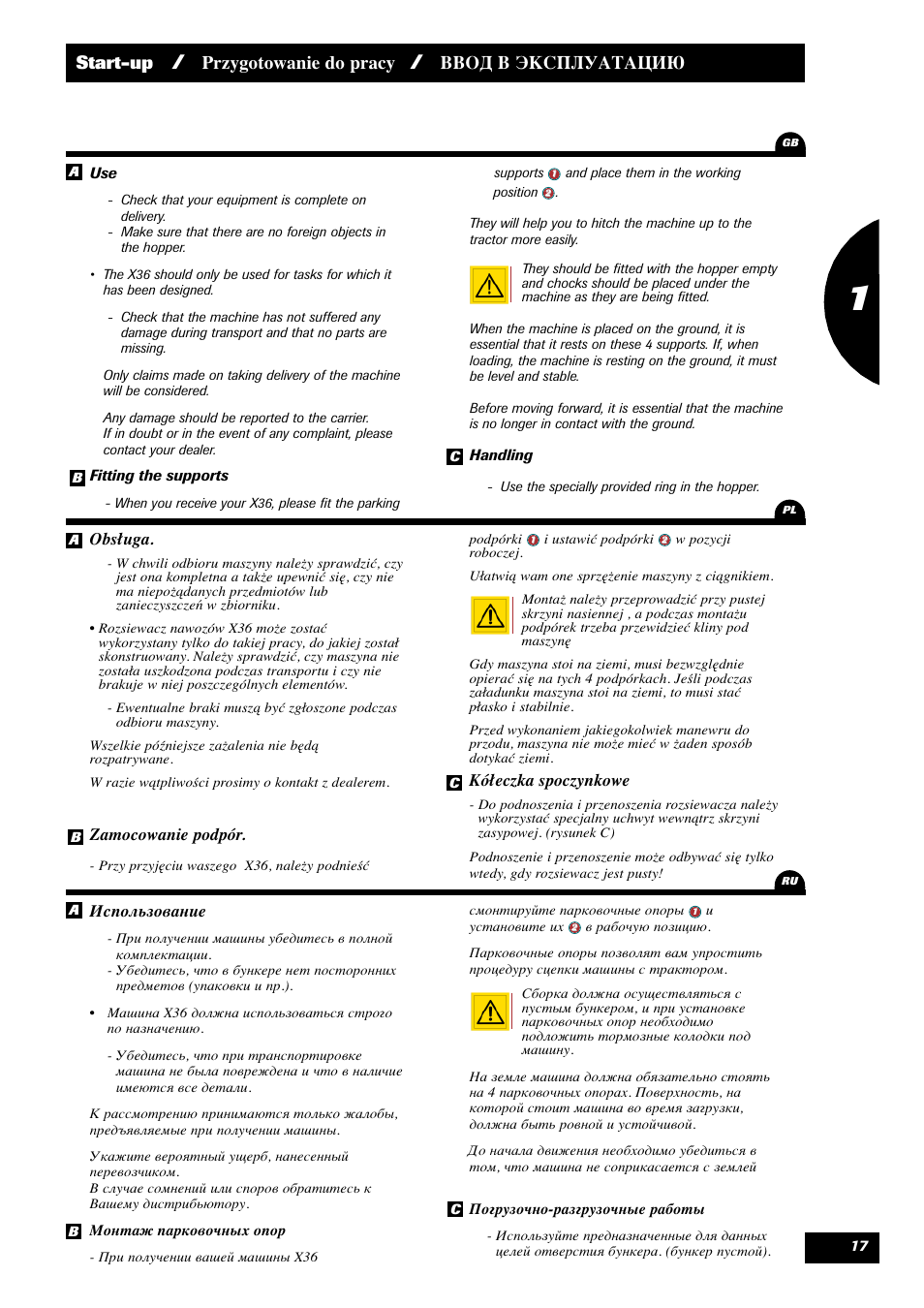 Start-up, Przygotowanie do pracy, Ввод в эксплуатацию 1 | Sulky X 36 User Manual | Page 19 / 102