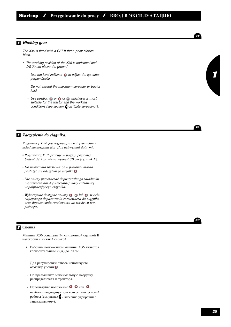 Start-up, Przygotowanie do pracy, Ввод в эксплуатацию | Zaczepienie do ciągnika | Sulky X 36 User Manual | Page 27 / 102