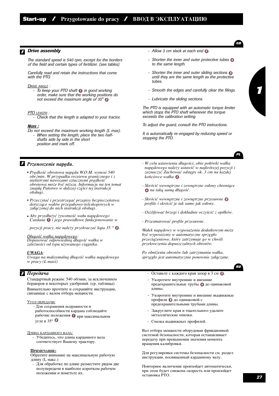 Start-up, Przygotowanie do pracy, Ввод в эксплуатацию | Передача, Przenoszenie napędu | Sulky X 36 User Manual | Page 29 / 102