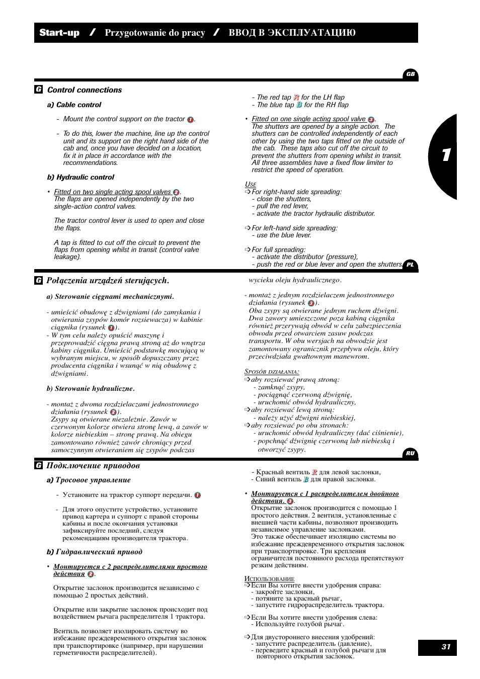 Start-up, Przygotowanie do pracy, Ввод в эксплуатацию | Sulky X 36 User Manual | Page 33 / 102
