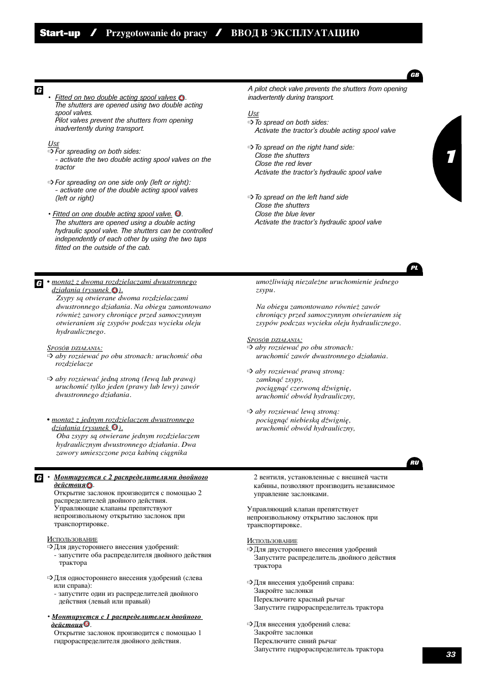 Start-up, Przygotowanie do pracy, Ввод в эксплуатацию | Sulky X 36 User Manual | Page 35 / 102