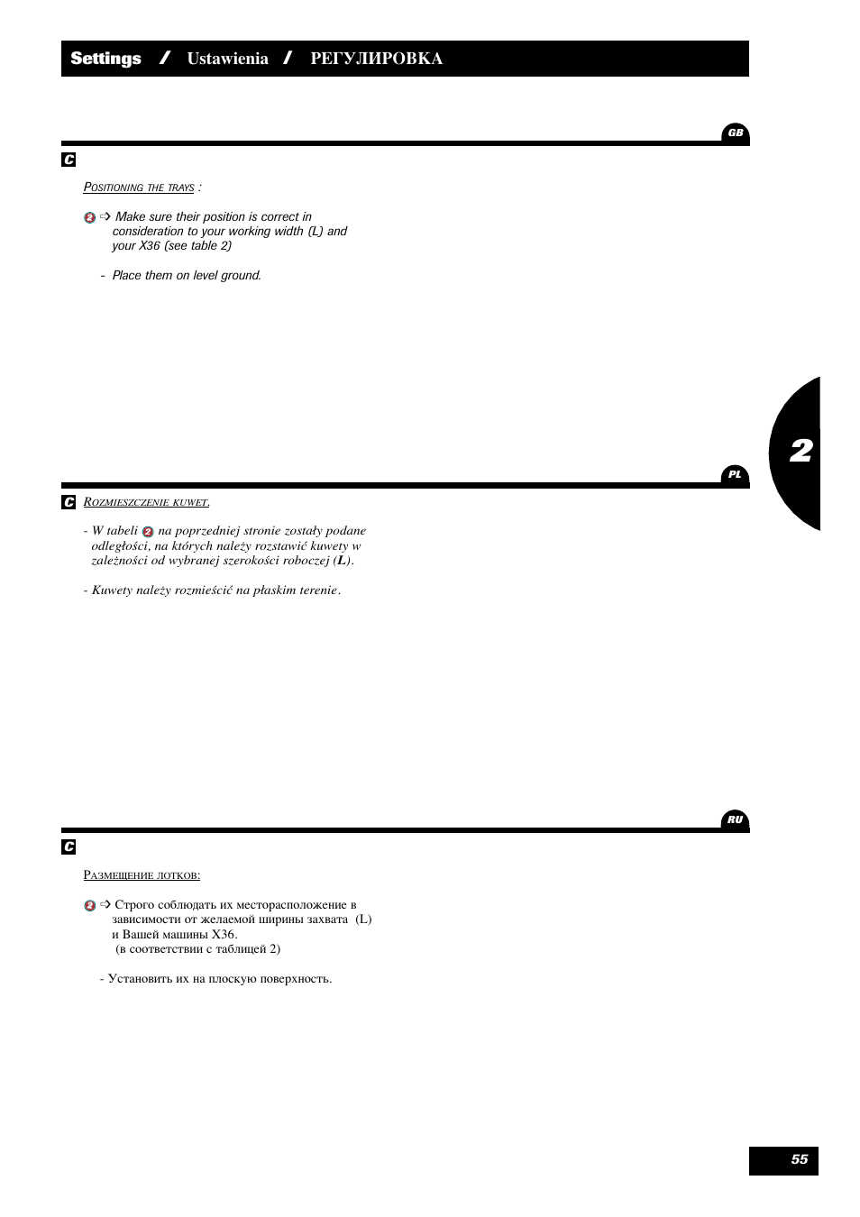 Settings, Ustawienia, Регулировка | Sulky X 36 User Manual | Page 57 / 102
