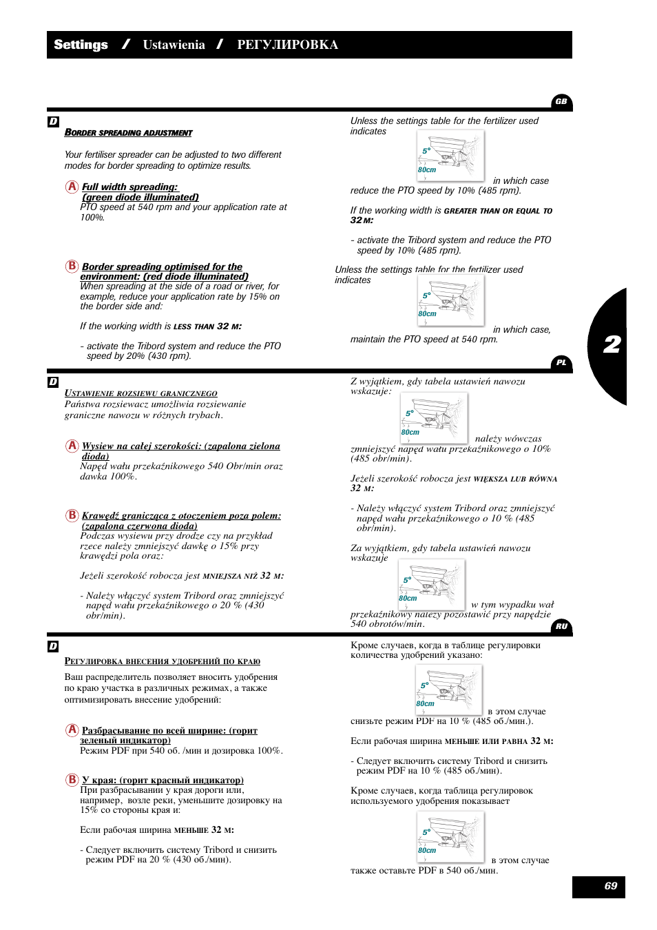 Settings, Ustawienia, Регулировка 1 | Sulky X 36 User Manual | Page 71 / 102