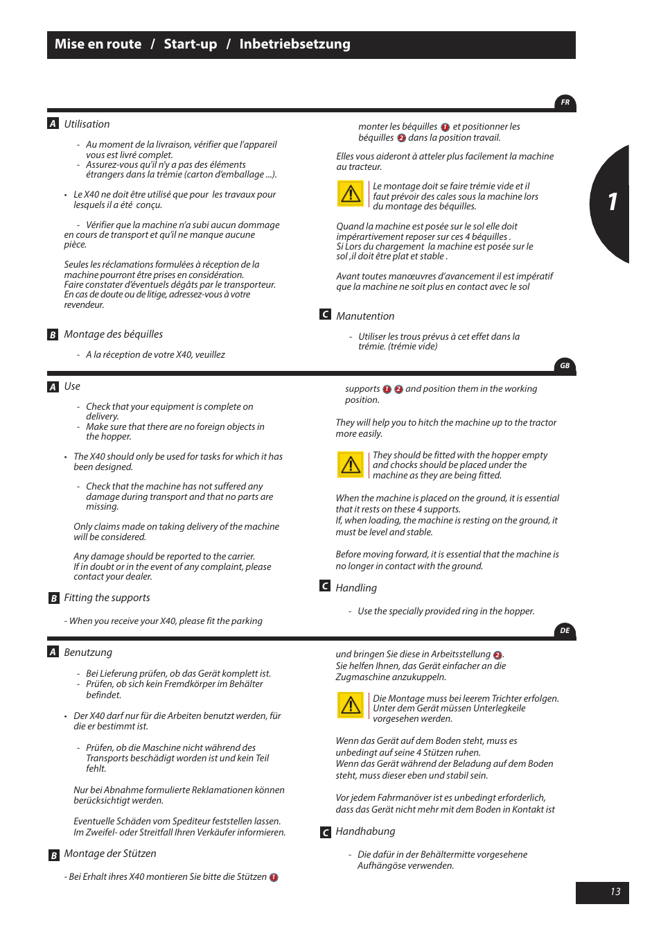 Mise en route / start-up / inbetriebsetzung | Sulky X 40 User Manual | Page 15 / 105