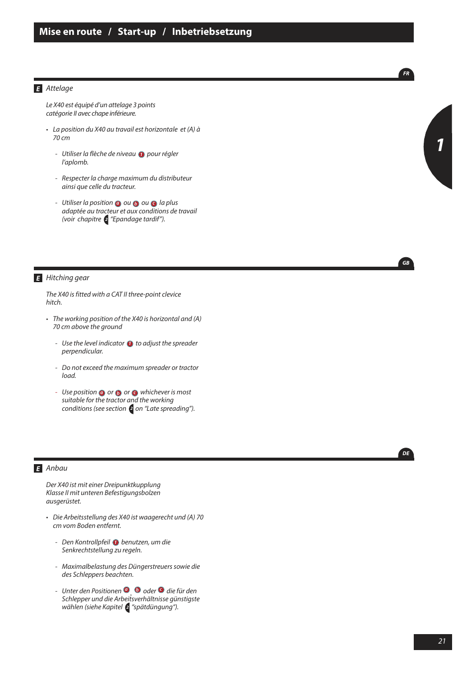 Mise en route / start-up / inbetriebsetzung | Sulky X 40 User Manual | Page 23 / 105