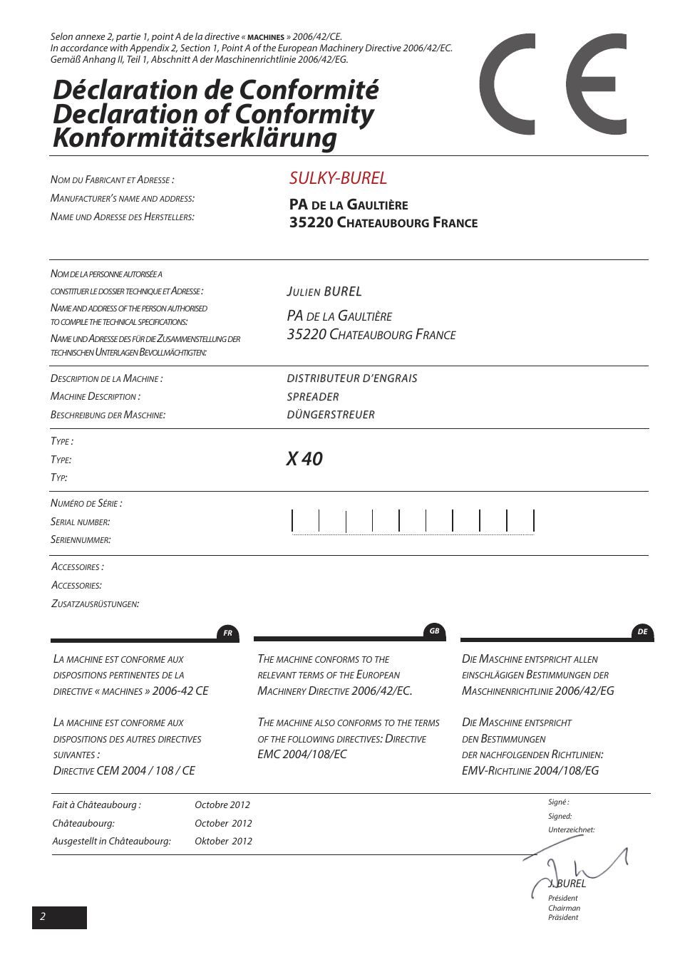 X 40, Sulky-burel, Burel | Sulky X 40 User Manual | Page 4 / 105