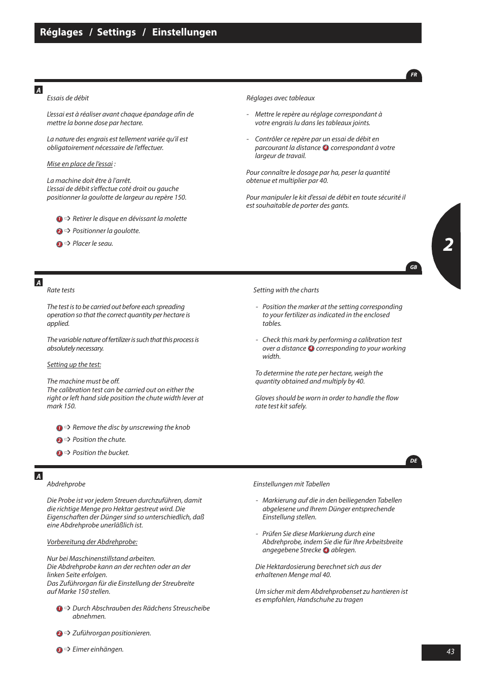 Réglages / settings / einstellungen | Sulky X 40 User Manual | Page 45 / 105