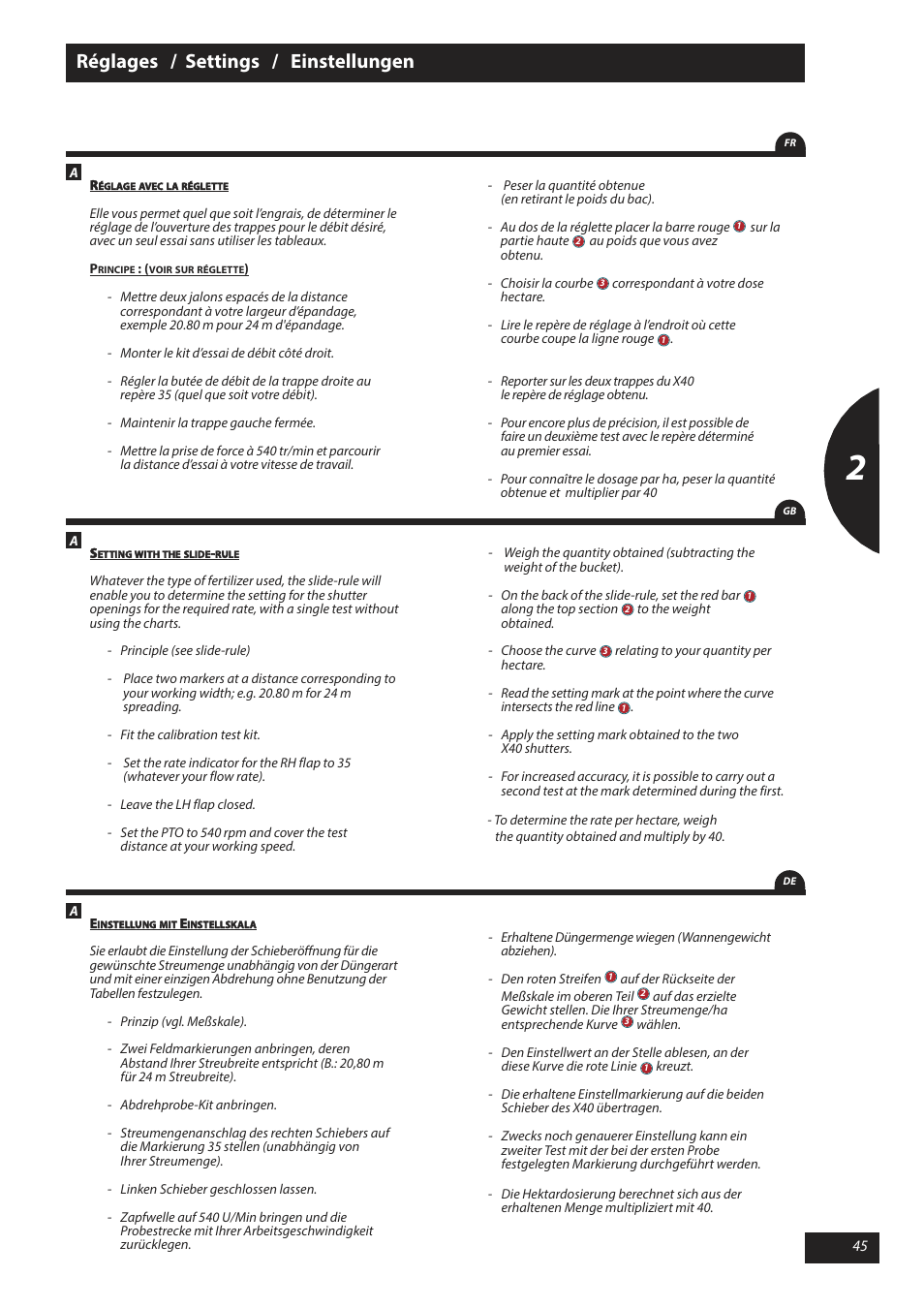 Réglages / settings / einstellungen | Sulky X 40 User Manual | Page 47 / 105