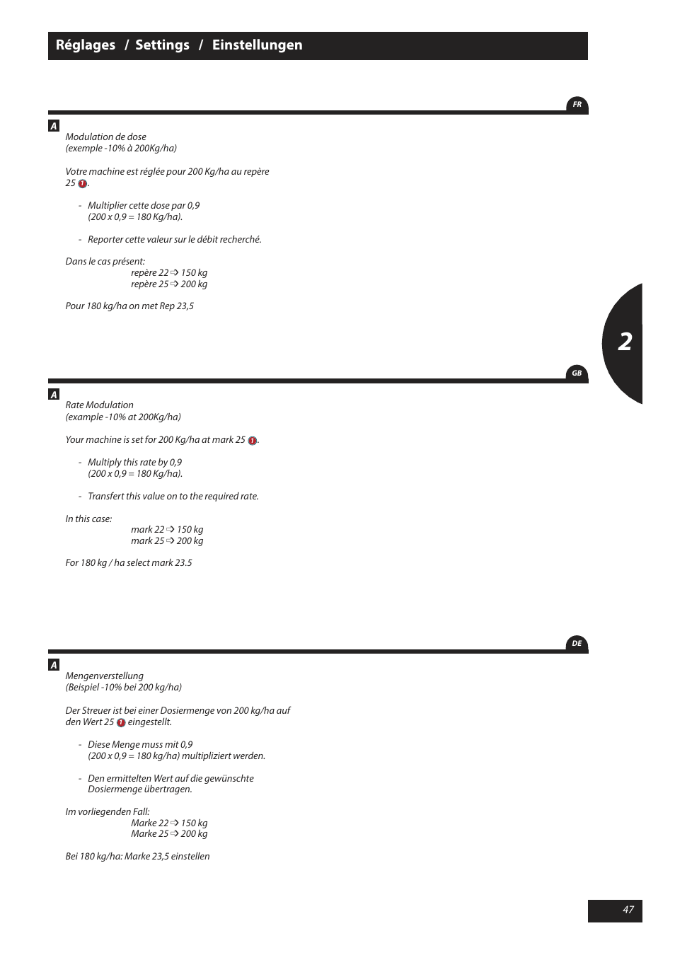 Réglages / settings / einstellungen | Sulky X 40 User Manual | Page 49 / 105