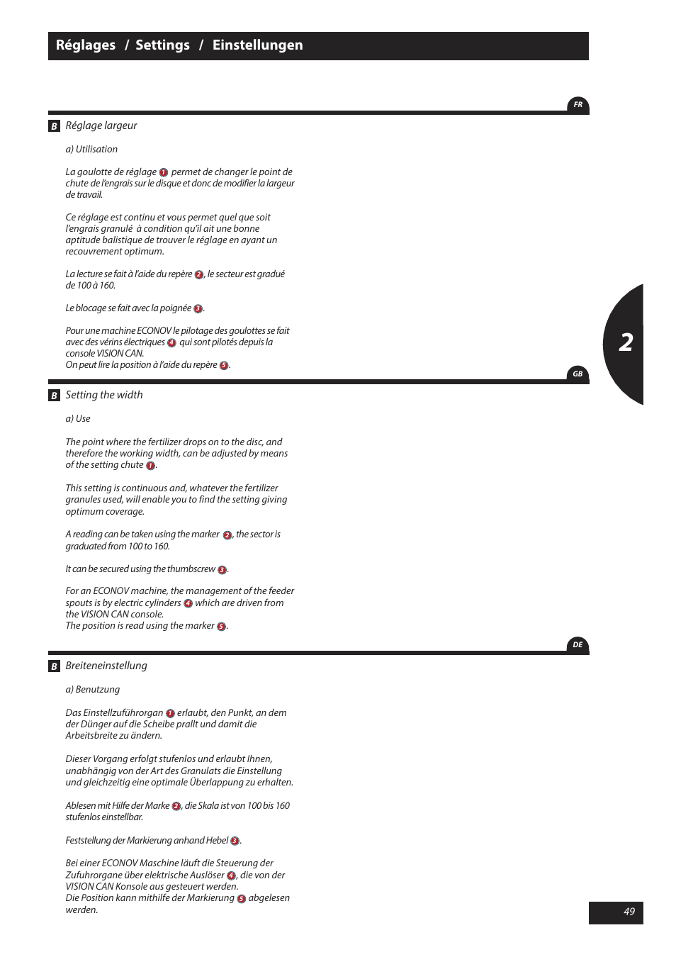 Réglages / settings / einstellungen | Sulky X 40 User Manual | Page 51 / 105