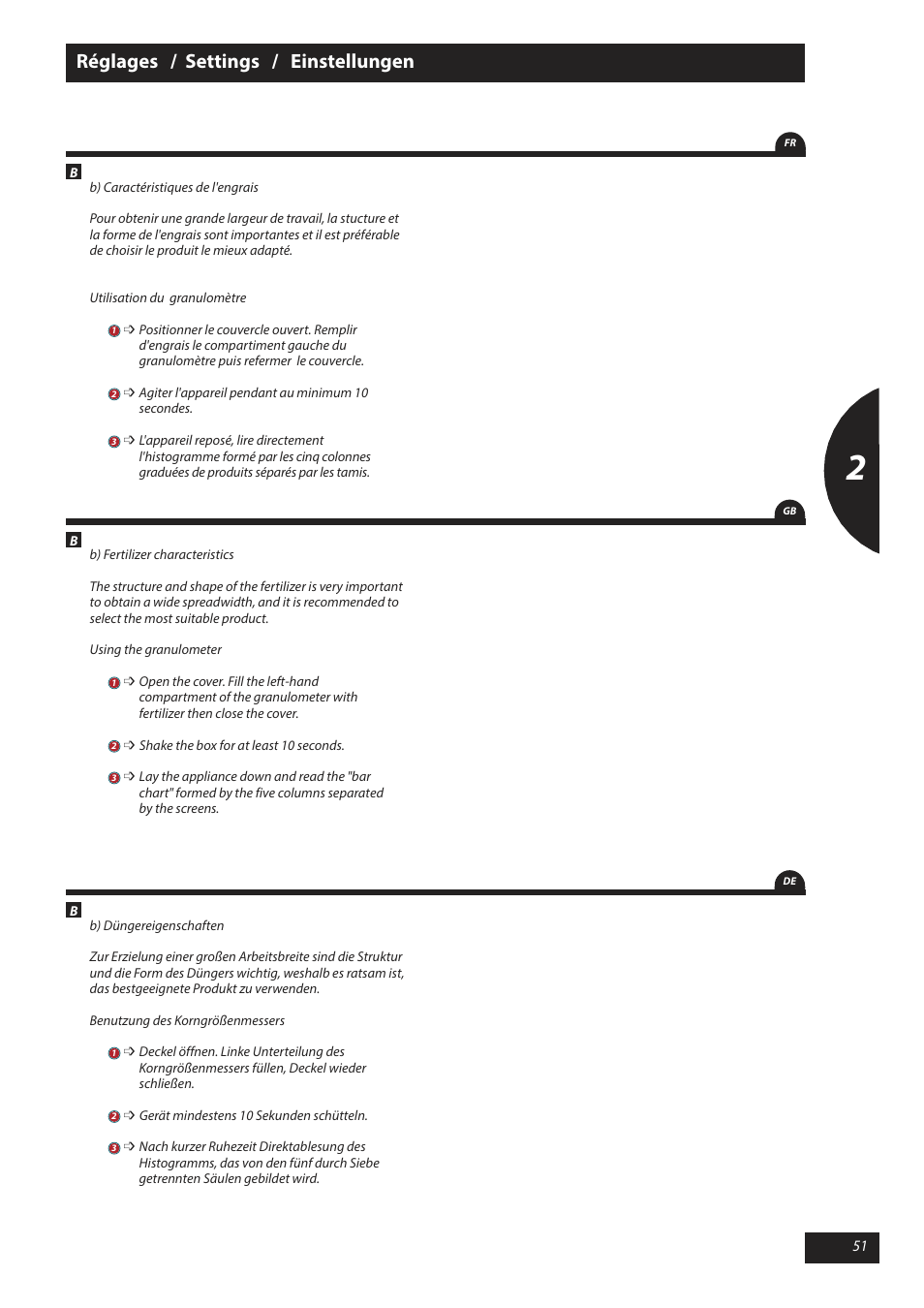 Réglages / settings / einstellungen | Sulky X 40 User Manual | Page 53 / 105
