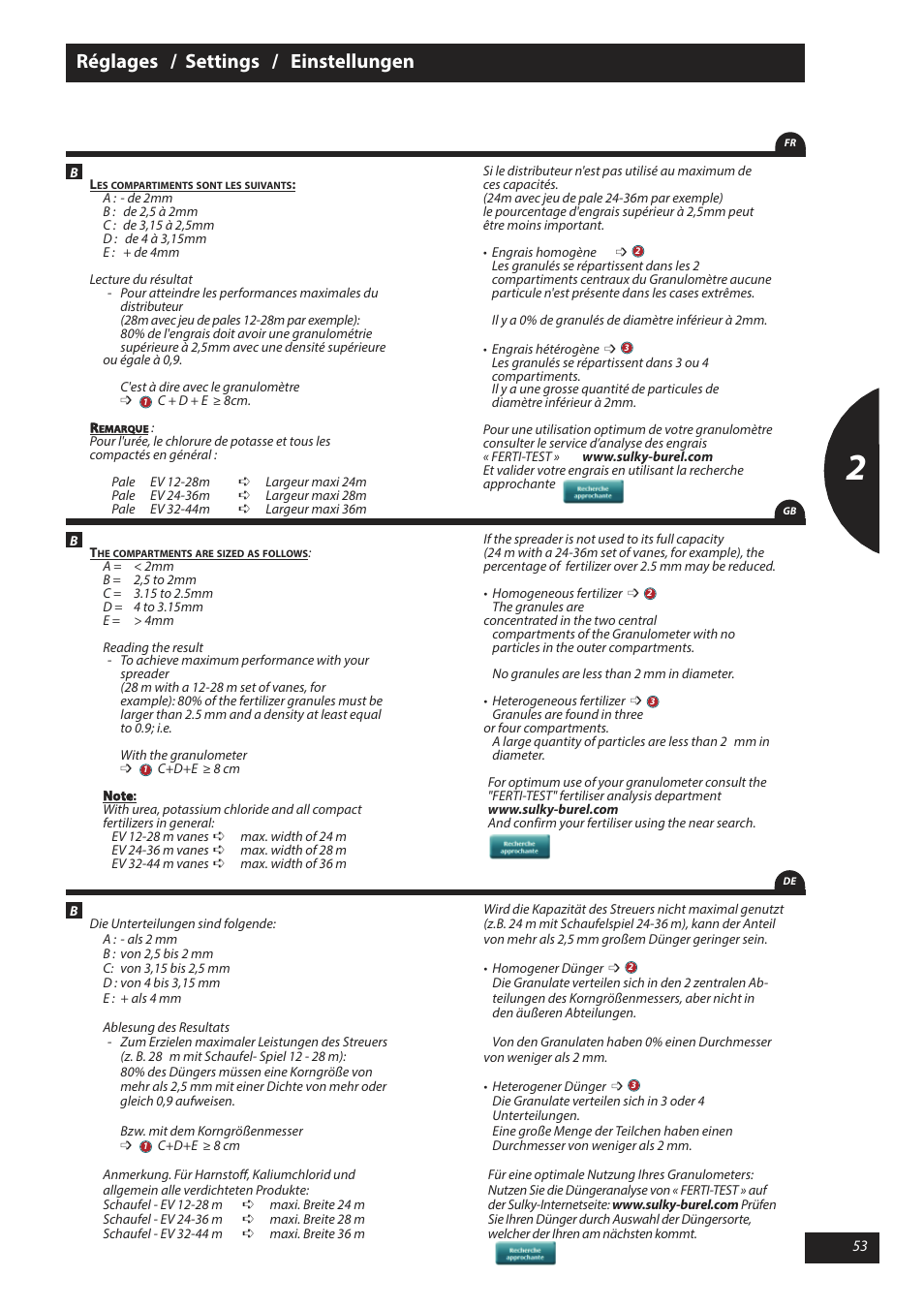 Réglages / settings / einstellungen | Sulky X 40 User Manual | Page 55 / 105