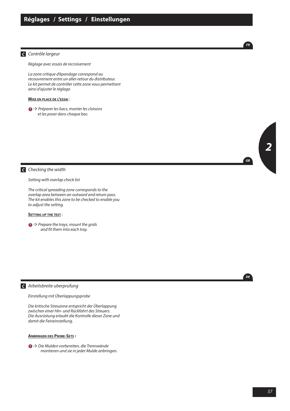 Réglages / settings / einstellungen | Sulky X 40 User Manual | Page 59 / 105