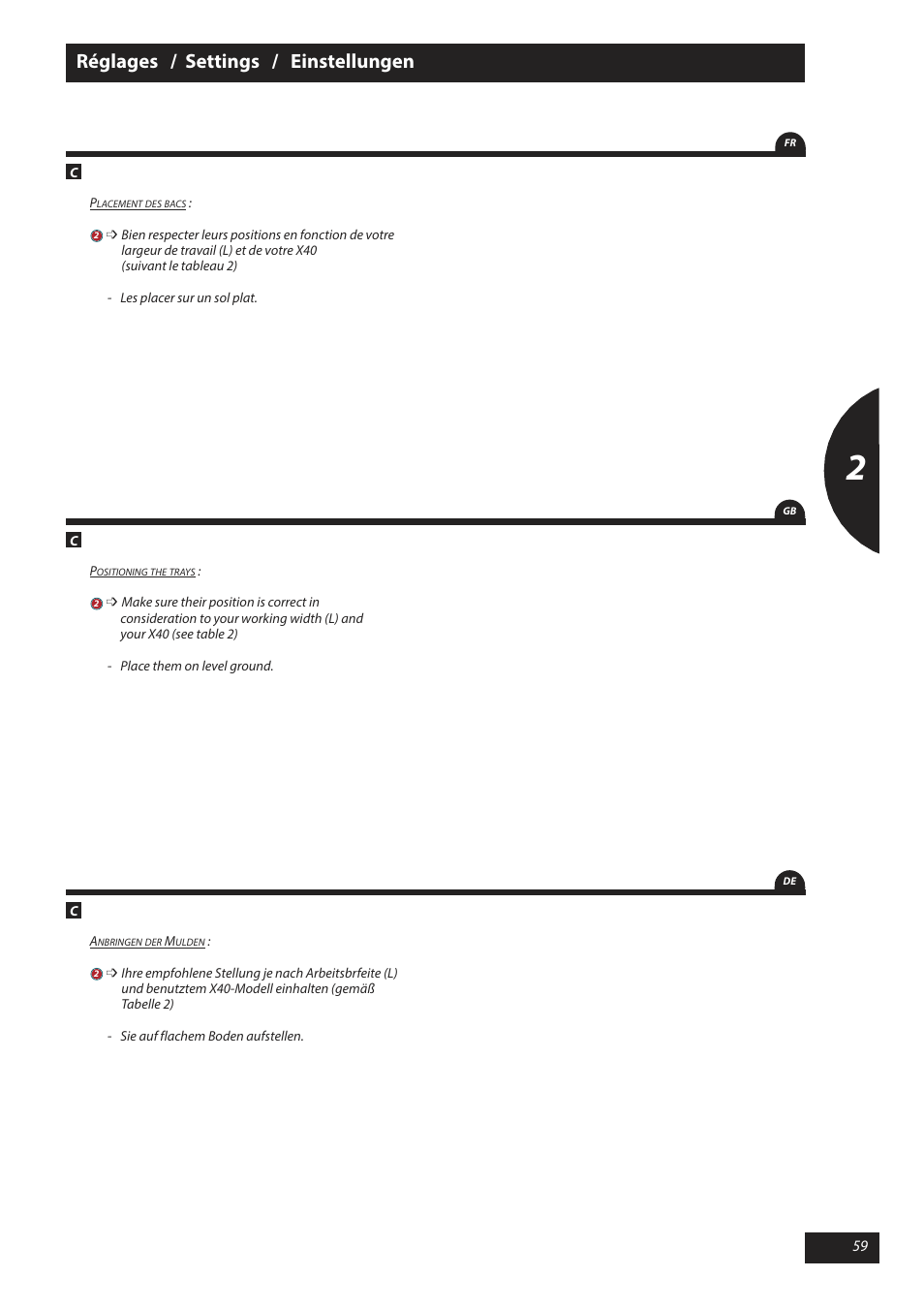 Réglages / settings / einstellungen | Sulky X 40 User Manual | Page 61 / 105