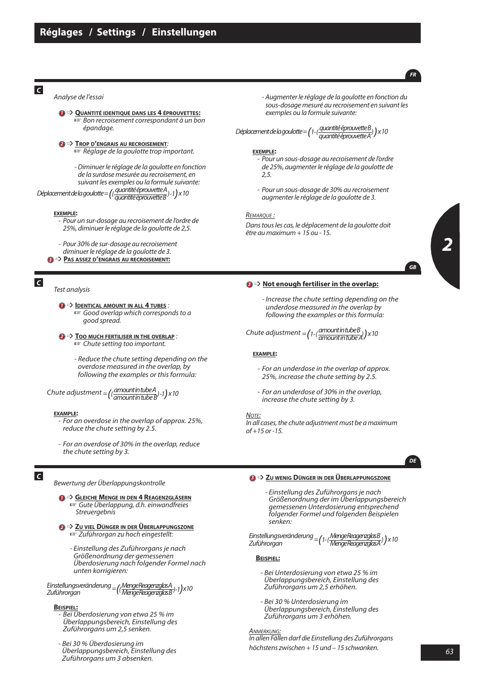 Réglages / settings / einstellungen | Sulky X 40 User Manual | Page 65 / 105