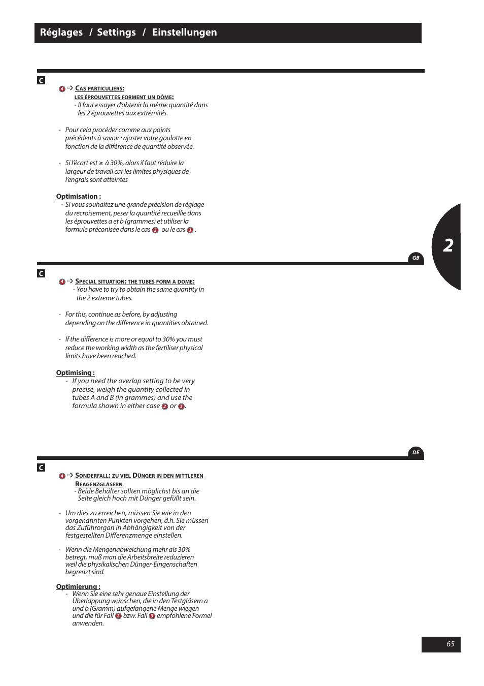 Réglages / settings / einstellungen | Sulky X 40 User Manual | Page 67 / 105