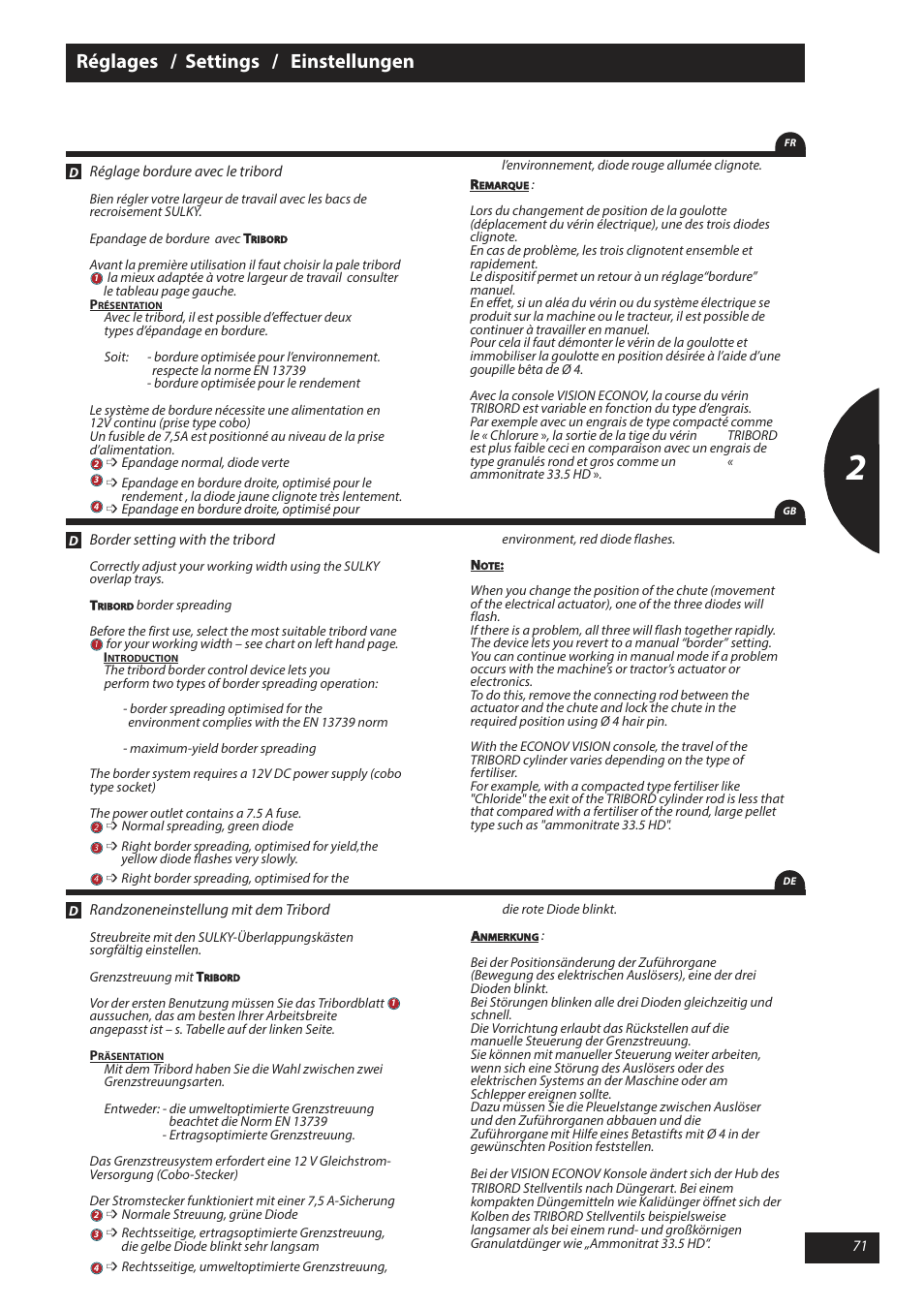 Réglages / settings / einstellungen | Sulky X 40 User Manual | Page 73 / 105