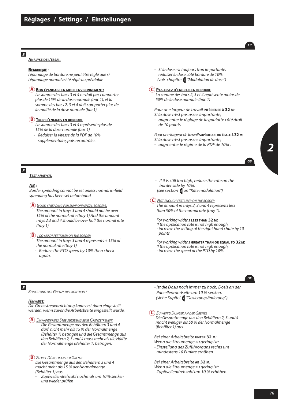 Réglages / settings / einstellungen | Sulky X 40 User Manual | Page 81 / 105