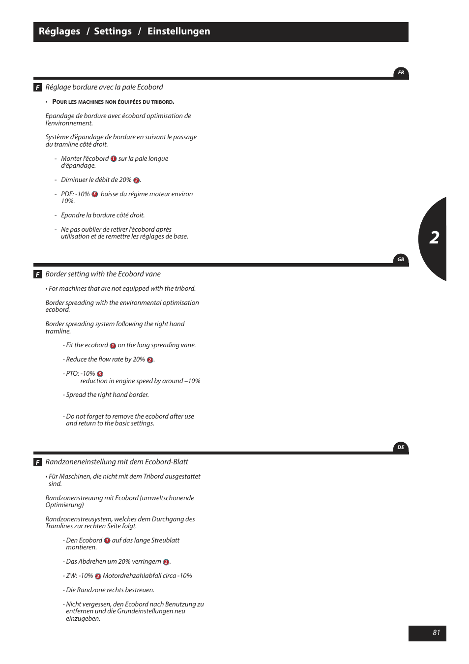 Réglages / settings / einstellungen | Sulky X 40 User Manual | Page 83 / 105
