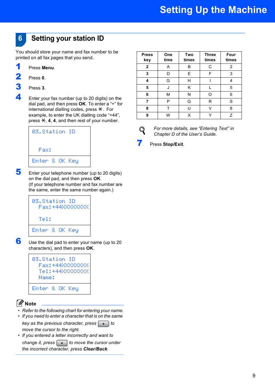 6 setting your station id, Setting your station id, Setting up the machine | 6setting your station id, Station id fax: enter & ok key | Brother MFC-8870DW User Manual | Page 11 / 58