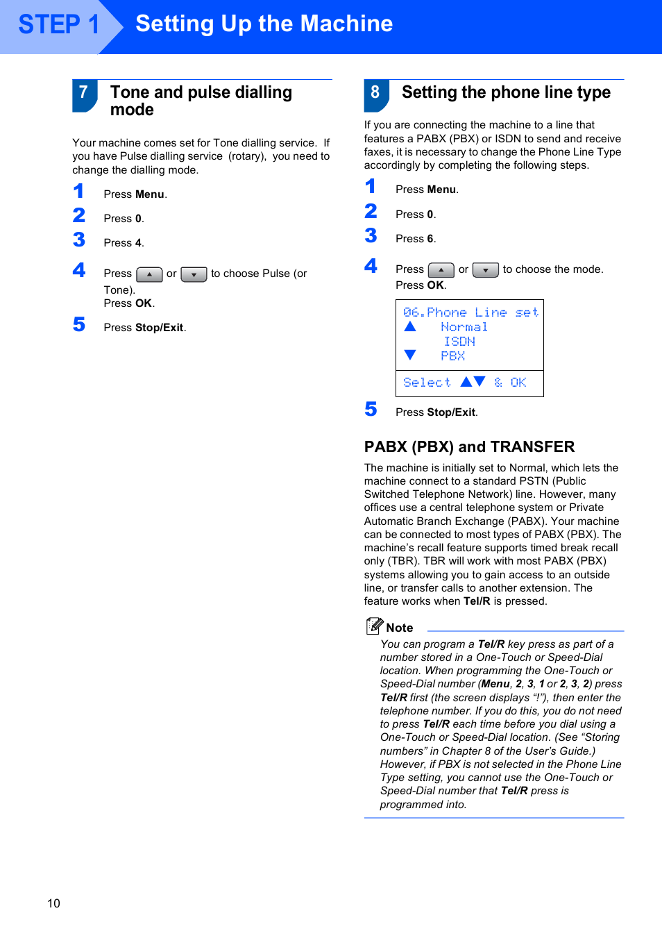 7 tone and pulse dialling mode, 8 setting the phone line type, Pabx (pbx) and transfer | Step 1, Setting up the machine, 7tone and pulse dialling mode, 8setting the phone line type | Brother MFC-8870DW User Manual | Page 12 / 58