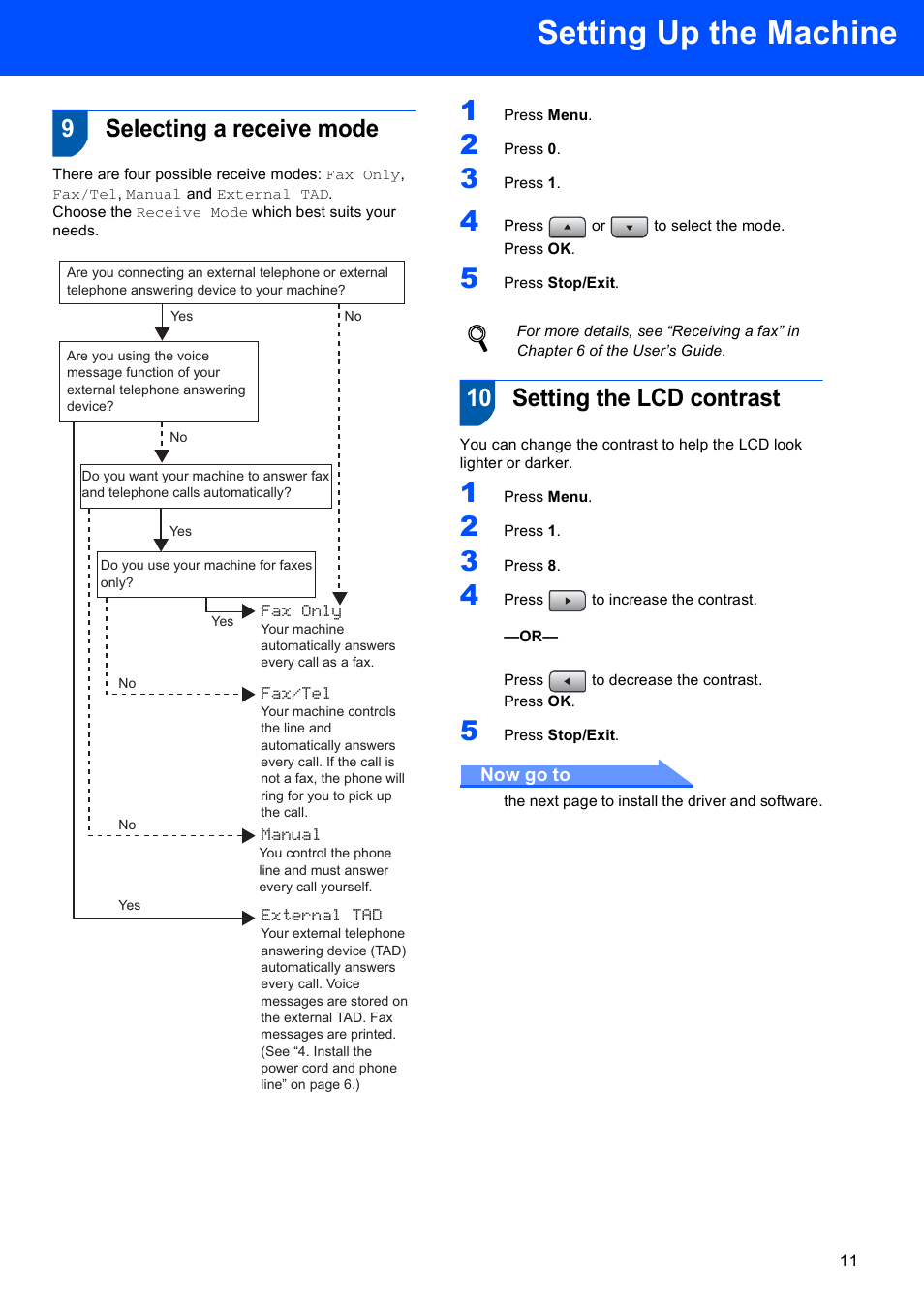 9 selecting a receive mode, 10 setting the lcd contrast, Selecting a receive mode setting the lcd contrast | Setting up the machine, 9selecting a receive mode | Brother MFC-8870DW User Manual | Page 13 / 58