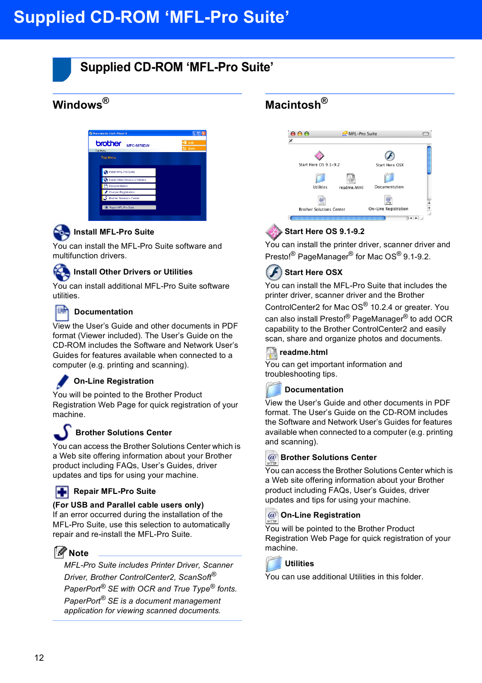 Step 2 installing the driver & software, Supplied cd-rom ‘mfl-pro suite, Windows | Macintosh | Brother MFC-8870DW User Manual | Page 14 / 58