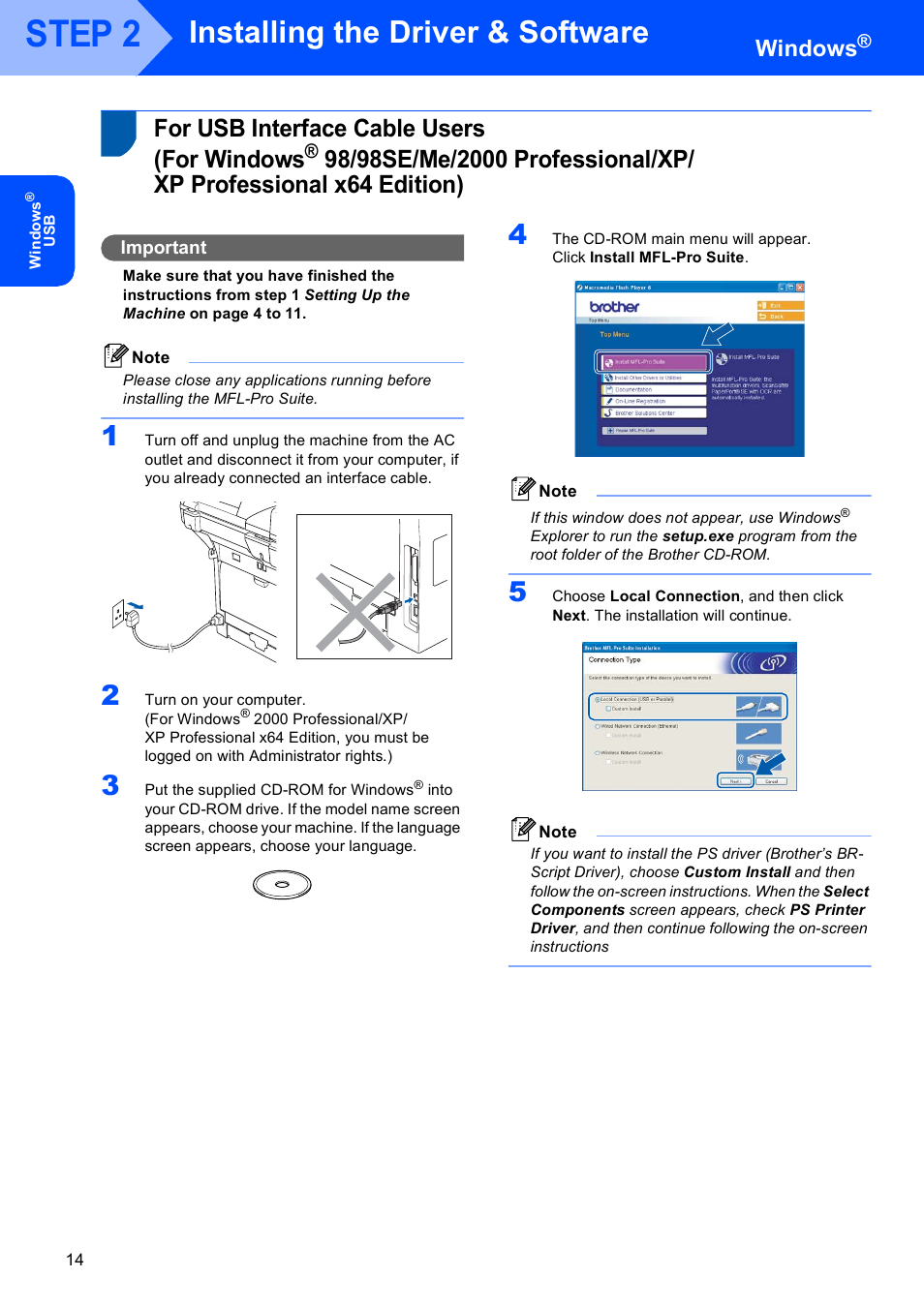 Windows, Step 2, Installing the driver & software | For usb interface cable users (for windows, For usb interface cable users, For windows | Brother MFC-8870DW User Manual | Page 16 / 58