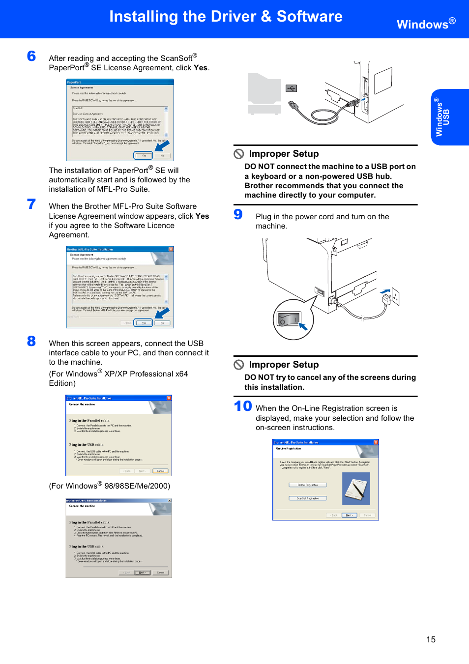 Installing the driver & software, Windows, Improper setup | Brother MFC-8870DW User Manual | Page 17 / 58