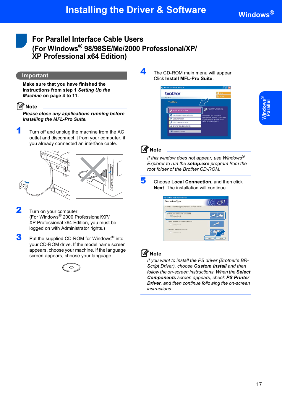 For parallel interface cable users (for windows, For parallel interface cable users, For windows | Installing the driver & software, Windows | Brother MFC-8870DW User Manual | Page 19 / 58