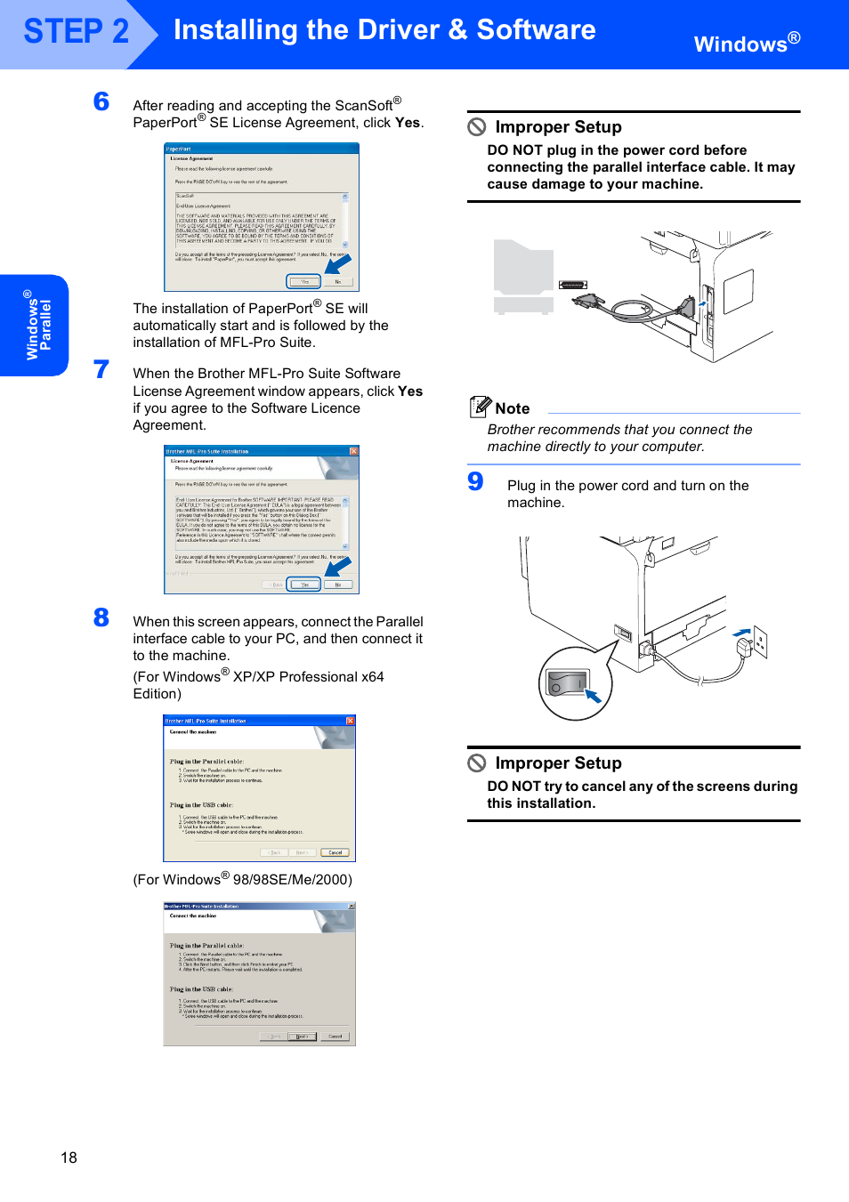 Step 2, Installing the driver & software, Windows | Improper setup | Brother MFC-8870DW User Manual | Page 20 / 58