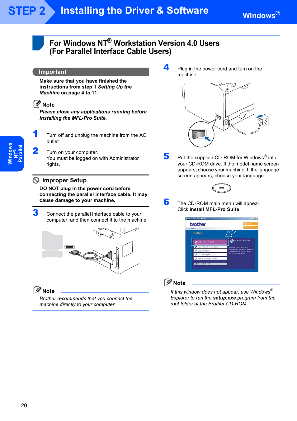 For windows nt, Workstation version 4.0 users, For parallel interface cable users) | Step 2, Installing the driver & software, Windows | Brother MFC-8870DW User Manual | Page 22 / 58