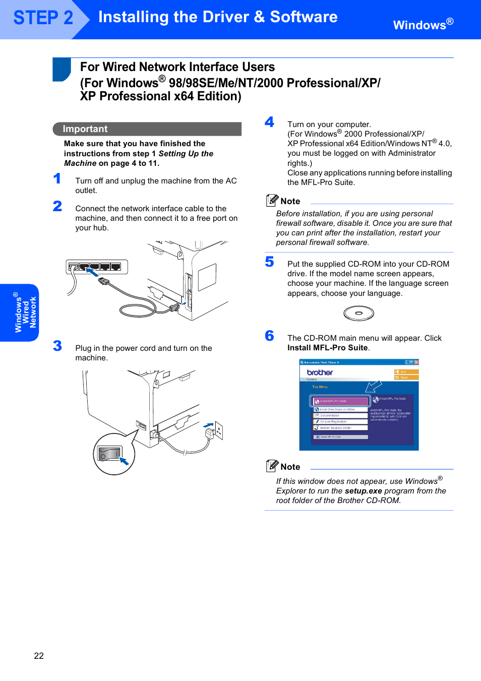 For wired network interface users (for windows, For wired network interface users, For windows | Step 2, Installing the driver & software, Windows | Brother MFC-8870DW User Manual | Page 24 / 58