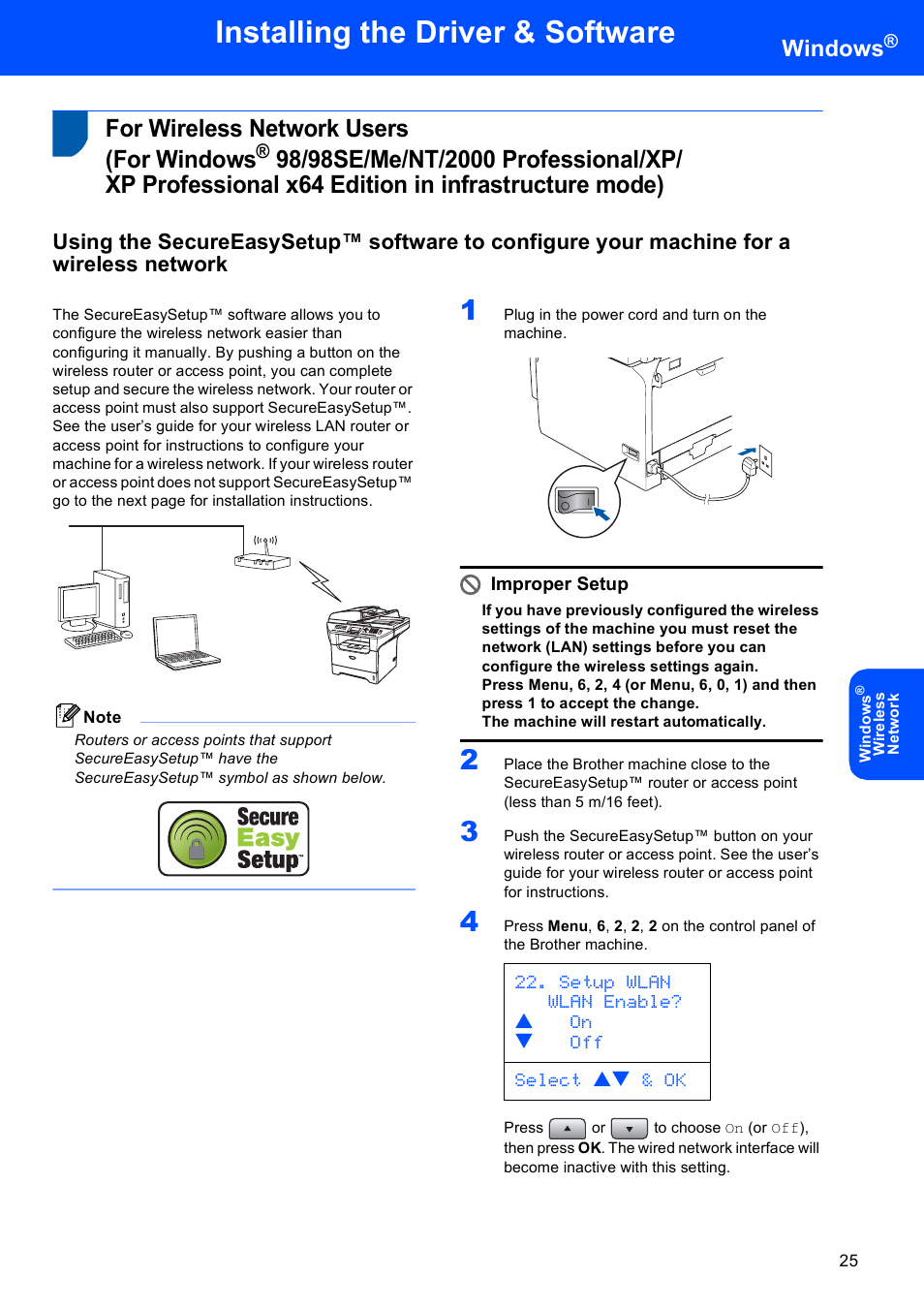 For wireless network users (for windows, In infrastructure mode), 98/98se/me/nt/2000 professional | Installing the driver & software, Windows, Setup wlan wlan enable? a on b off select ab & ok | Brother MFC-8870DW User Manual | Page 27 / 58