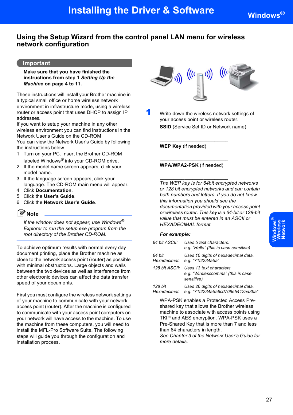 For example, Installing the driver & software, Windows | Important | Brother MFC-8870DW User Manual | Page 29 / 58