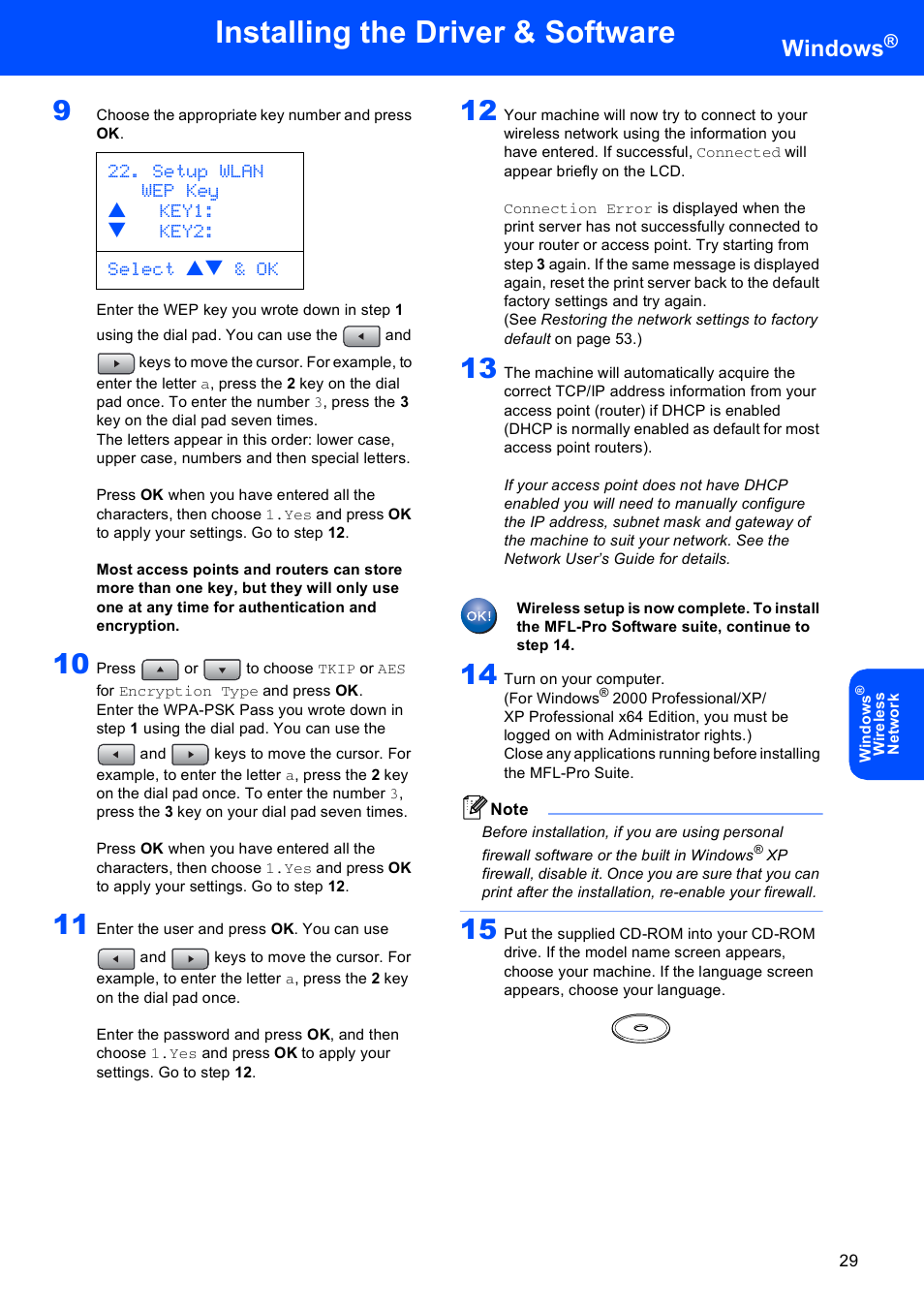 Installing the driver & software, Windows, Setup wlan wep key a key1: b key2: select ab & ok | Brother MFC-8870DW User Manual | Page 31 / 58