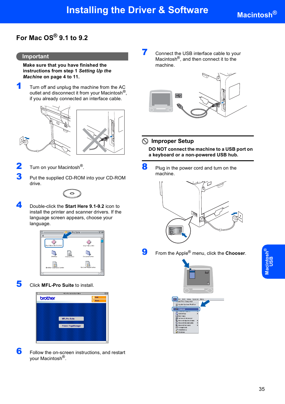 For mac os® 9.1 to 9.2, For mac os, 1 to 9.2 | Installing the driver & software, Macintosh | Brother MFC-8870DW User Manual | Page 37 / 58